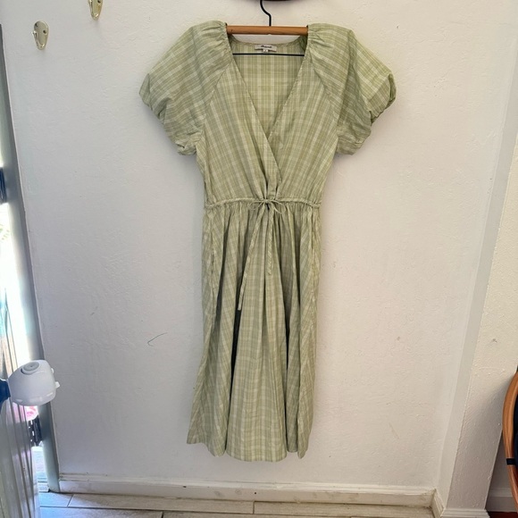 MADEWELL Green Cream Plaid Gingham Tie Waist Midi Dress Puff Sleeve V Neck M - Picture 11 of 11